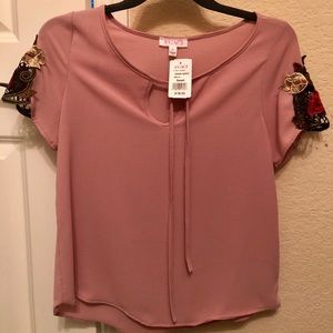 Dusty light pink top with net sleeves:)